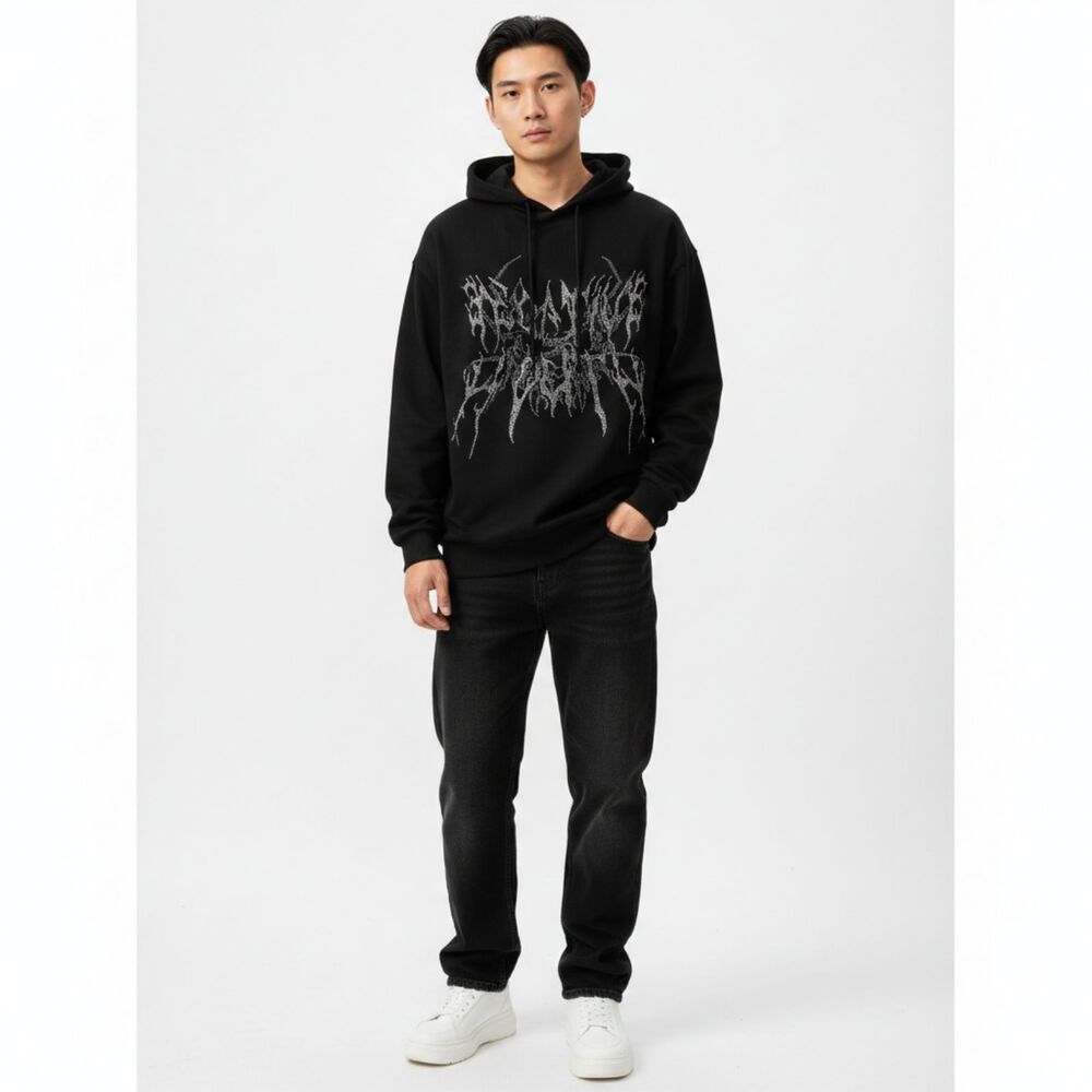 Shein Rhinestone Letter Print Black Hoodie Mens Drawstring Streetwear Fashion M